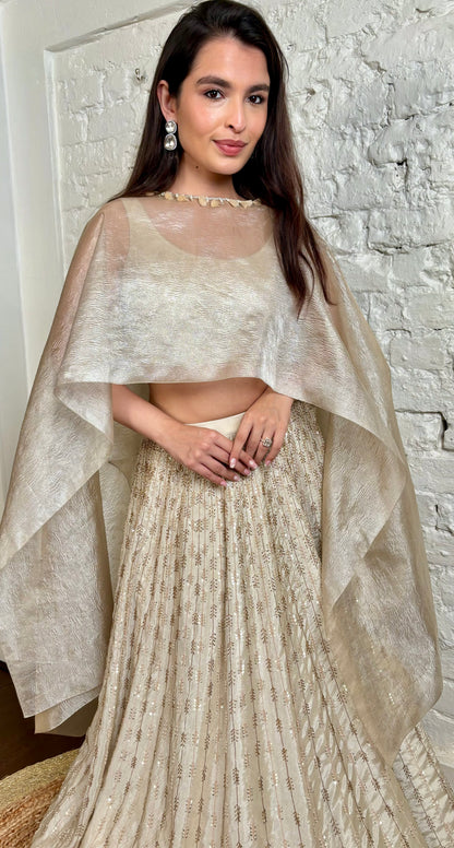 Ivory tissue glasspipe and pearl lehenga cape set