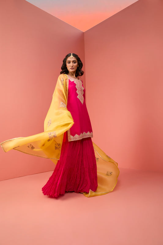 Fuchsia Gota Zardozi Kurta and Garara Set