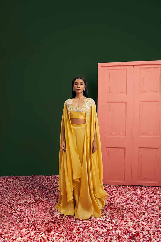 Lemon tissue dori cape & lehenga set