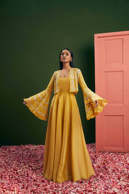 Lemon tissue anarkali & bell jacket set