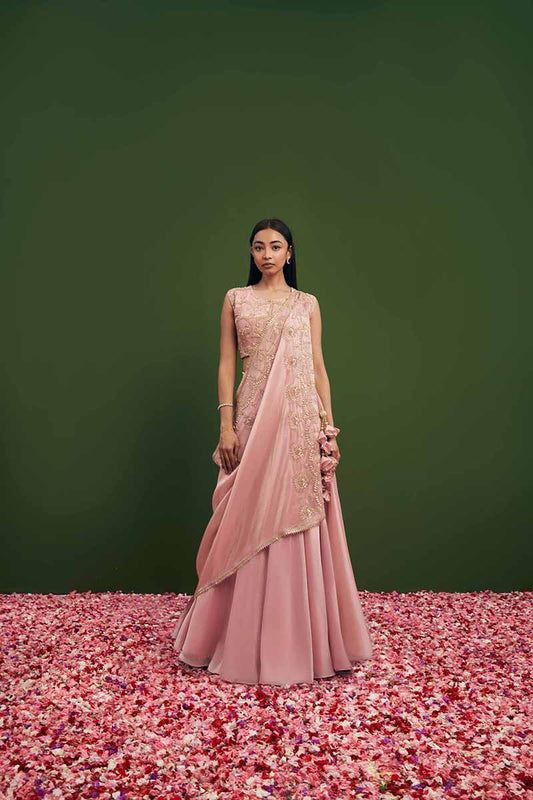 Blush pink tissue dori drape lehenga set