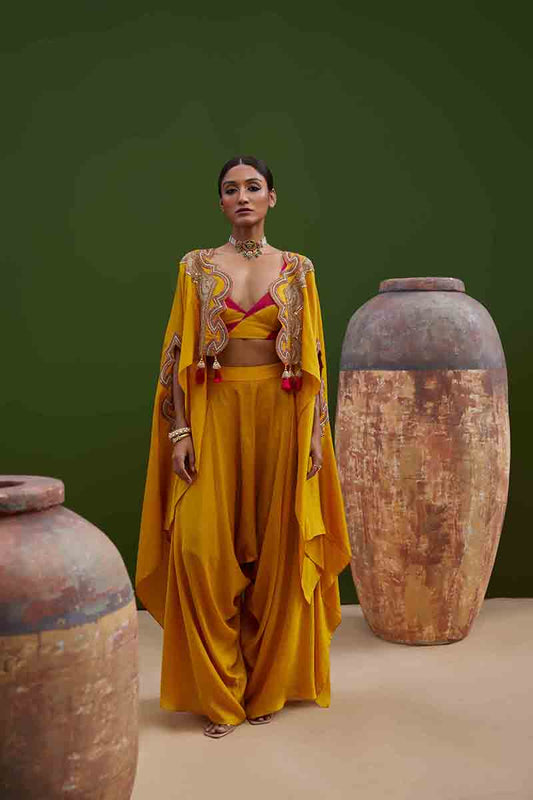 Yellow Cape Set With Harem Pants