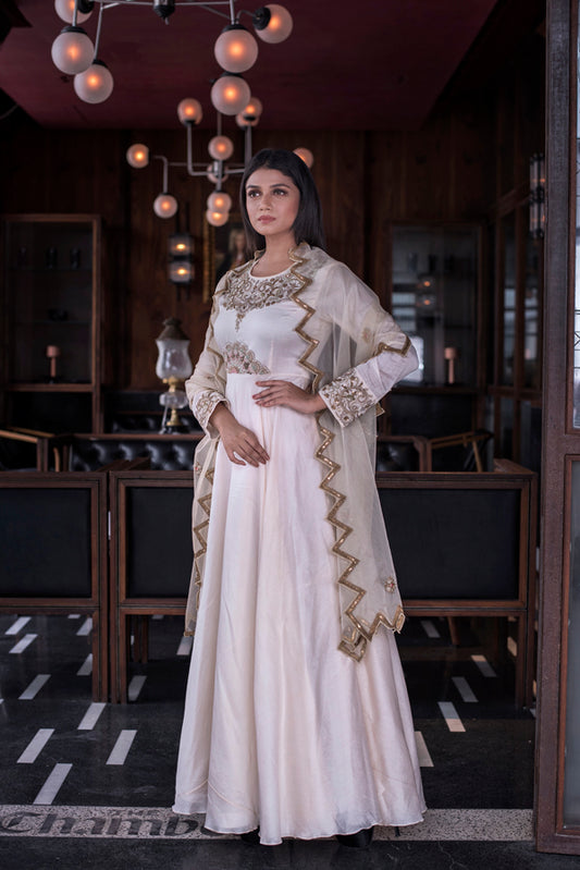 Ivory Zardozi Anarkali & Dupatta Set