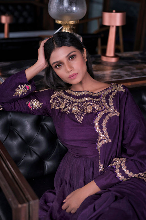 Purple Silk Embroidered Short Anarkali & Dhoti Set