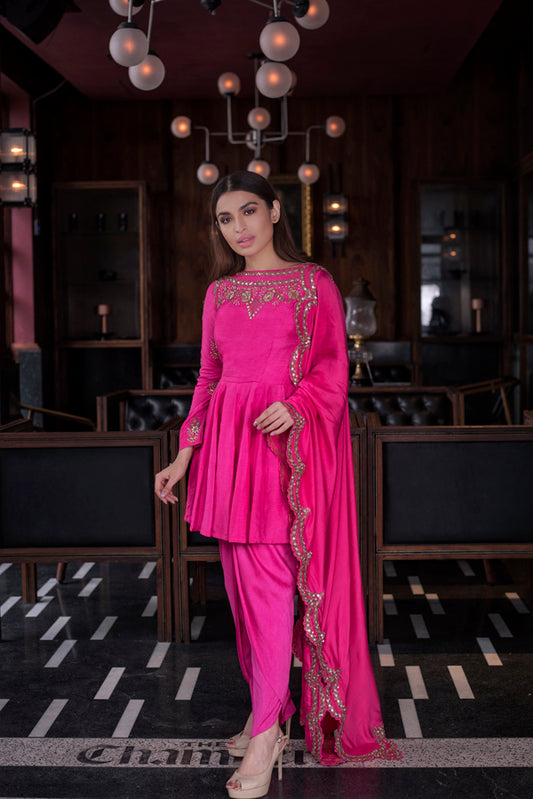 Fuchsia Pink Short Anarkali Dhoti Set