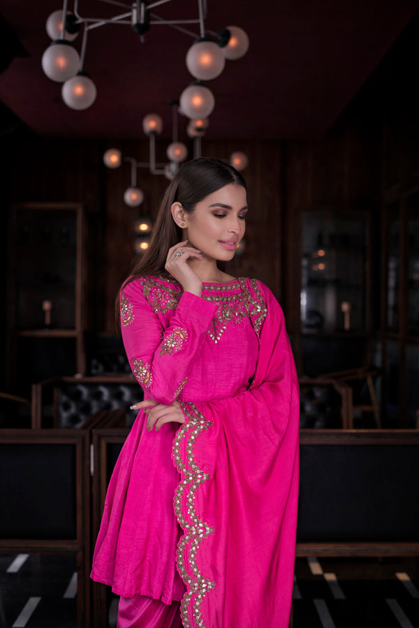 Fuchsia Pink Short Anarkali Dhoti Set