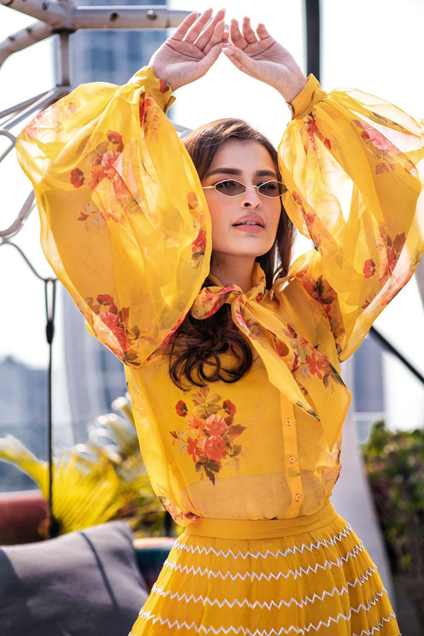 Yellow Floral Pipe Lehenga & Shirt Set