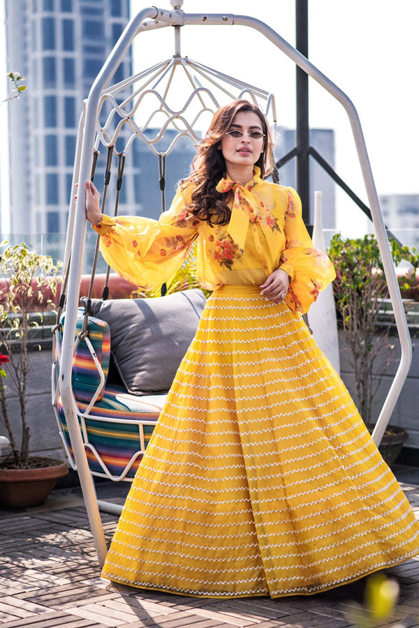 Yellow Floral Pipe Lehenga & Shirt Set