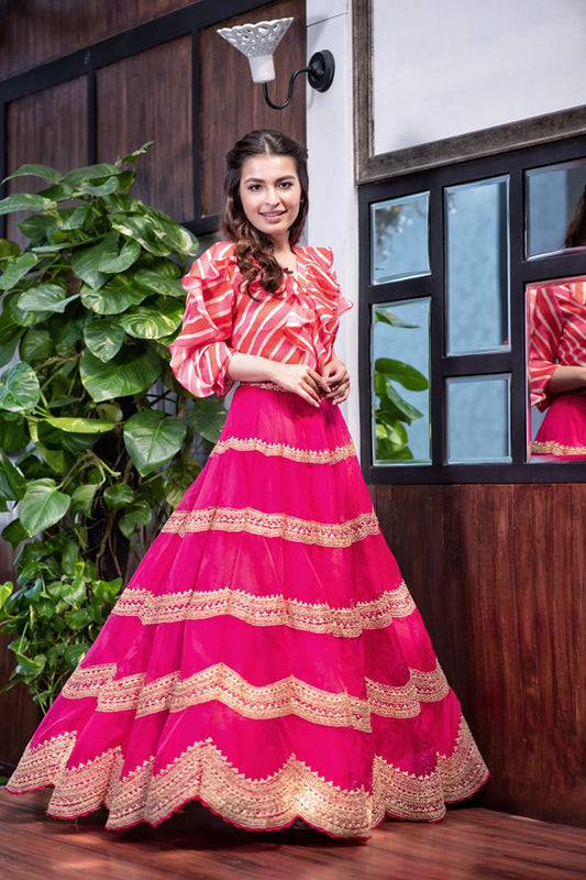 Pink Leheriya Shirt & Dori Lehenga Set