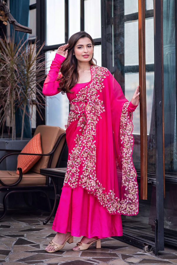 Fuschia Drape Anarkali & Belt Set