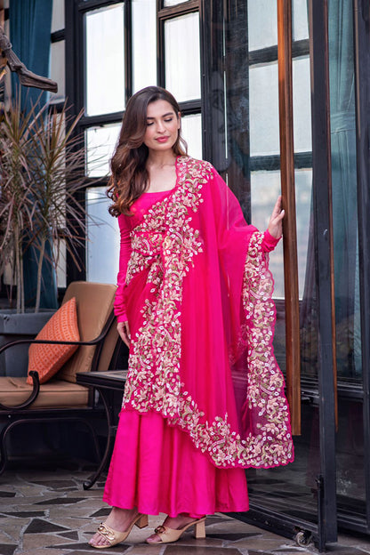 Fuschia Drape Anarkali & Belt Set