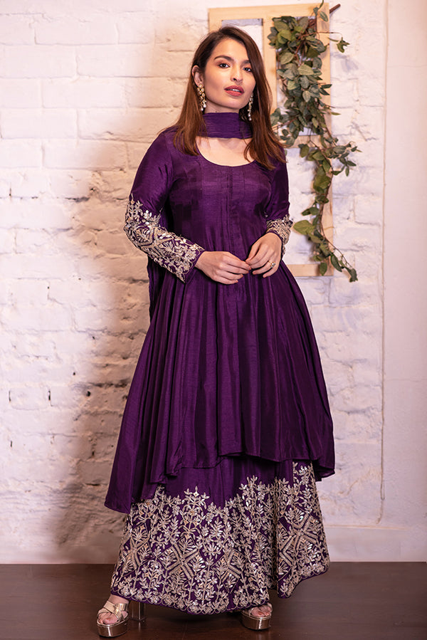 Purple Asymmetrical Anarkali & Gota Sharara Set – Vasavi Shah Label