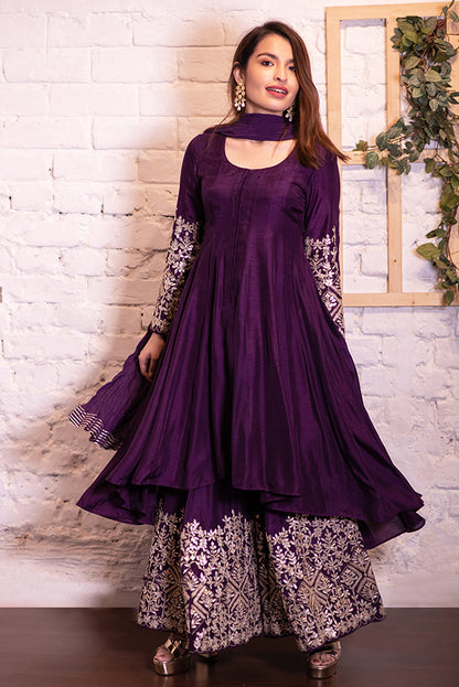 Purple Asymmetrical Anarkali & Gota Sharara Set