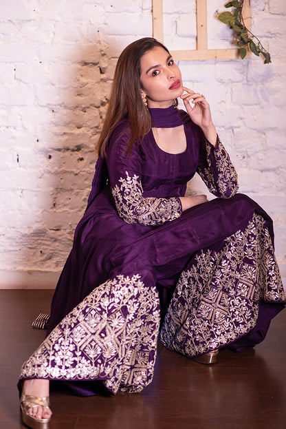 Purple Asymmetrical Anarkali & Gota Sharara Set