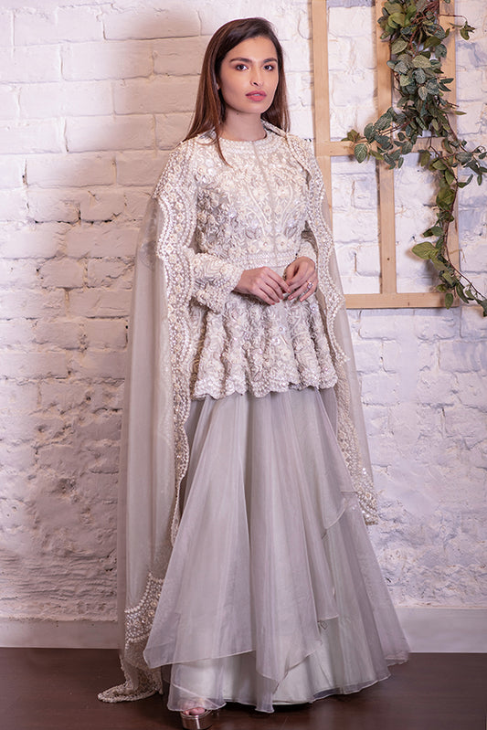 Ash Grey 3D Peplum & Asymmetrical Lehenga Set