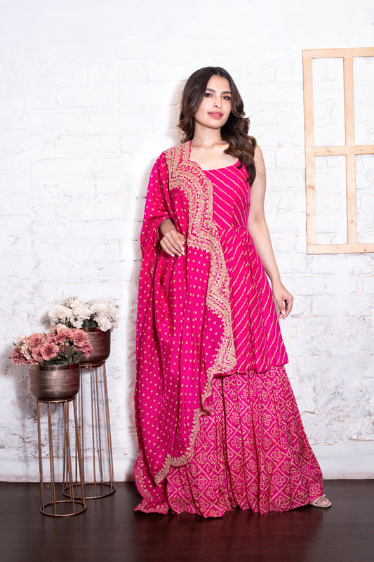 Pink Trio Bandhej Gharara Set