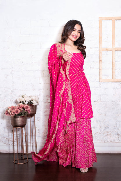 Pink Trio Bandhej Gharara Set