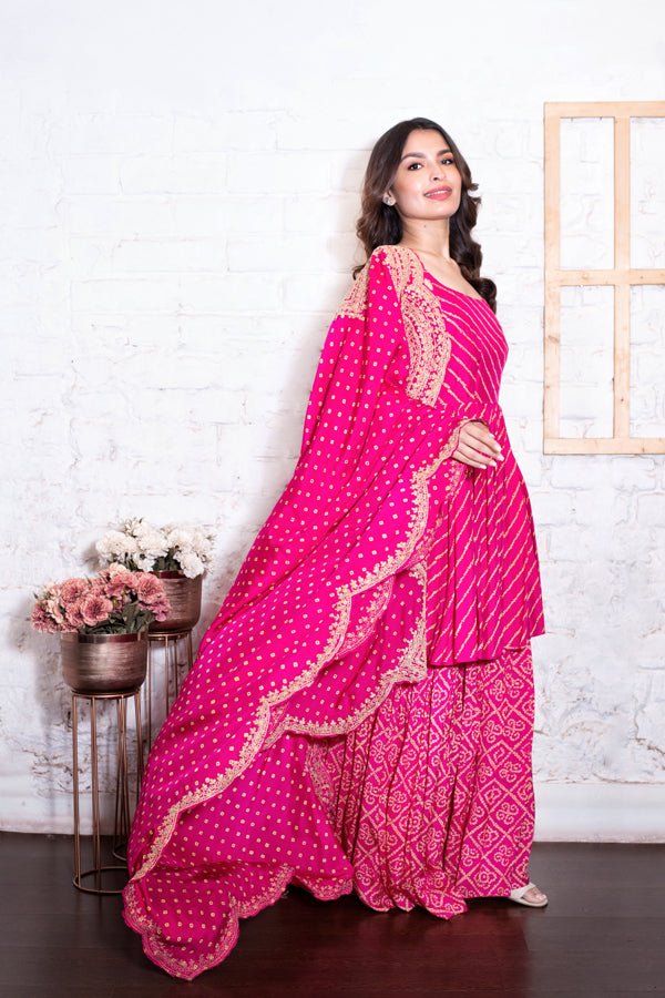 Pink Trio Bandhej Gharara Set