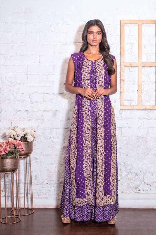 Purple Trio Bandhej Jacket Set