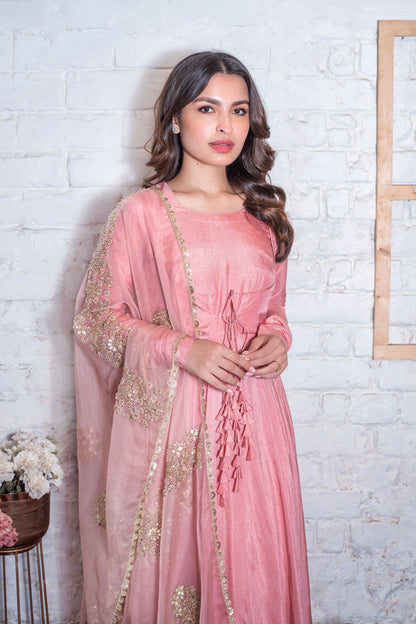 Rose Pink Tasseled Anarkali & Gota Dupatta Set