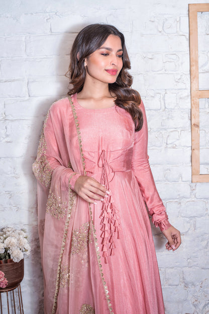 Rose Pink Tasseled Anarkali & Gota Dupatta Set