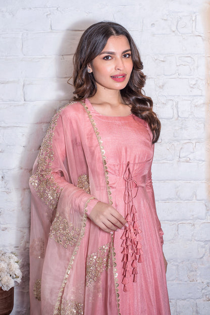 Rose Pink Tasseled Anarkali & Gota Dupatta Set