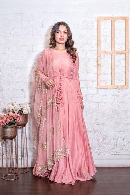 Rose Pink Tasseled Anarkali & Gota Dupatta Set