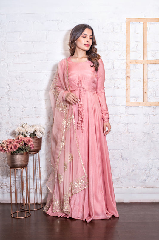 Rose Pink Tasseled Anarkali & Gota Dupatta Set