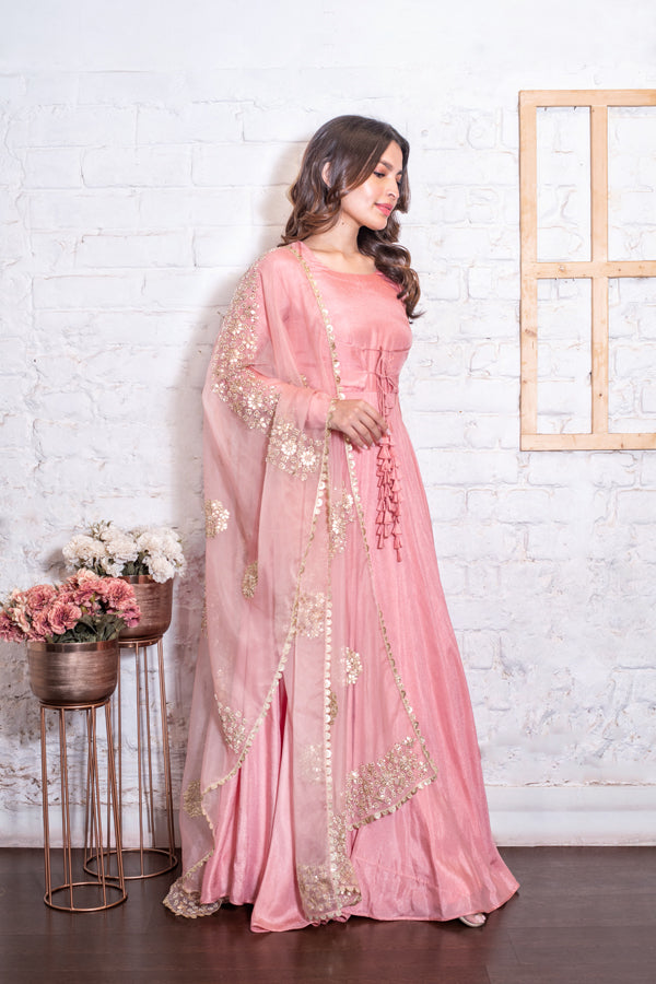 Rose Pink Tasseled Anarkali & Gota Dupatta Set