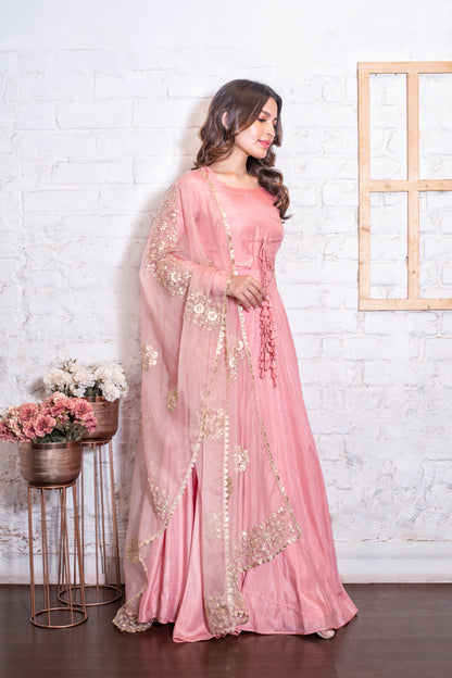 Rose Pink Tasseled Anarkali & Gota Dupatta Set