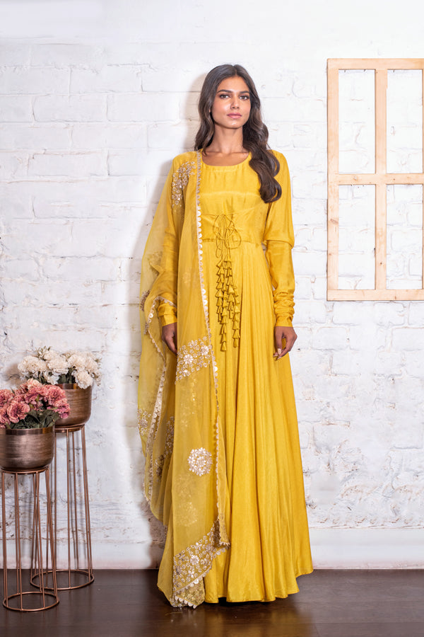 Yellow Tasseled Anarkali & Gota Dupatta Set