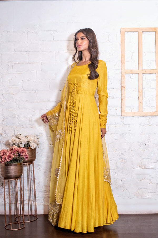 Yellow Tasseled Anarkali & Gota Dupatta Set