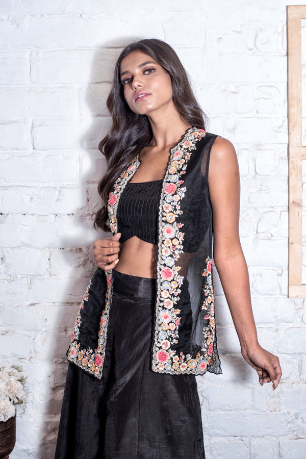 Black Floral Jacket & Palazzo Set