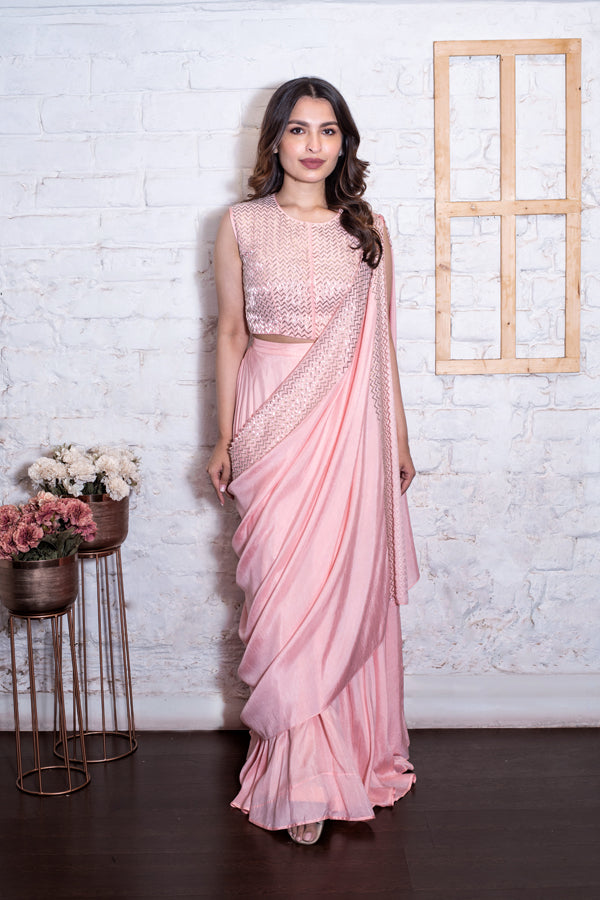 Blush Pink Pipe Drape Lehenga Set