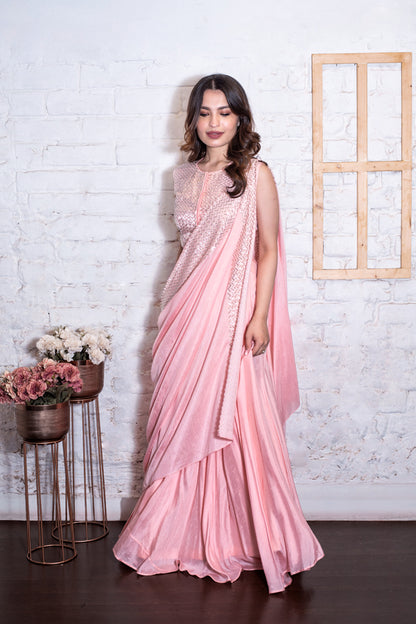 Blush Pink Pipe Drape Lehenga Set