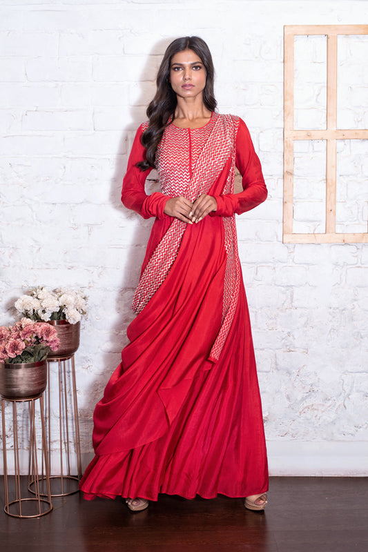 Red Pipe Anarkali & Drape Set