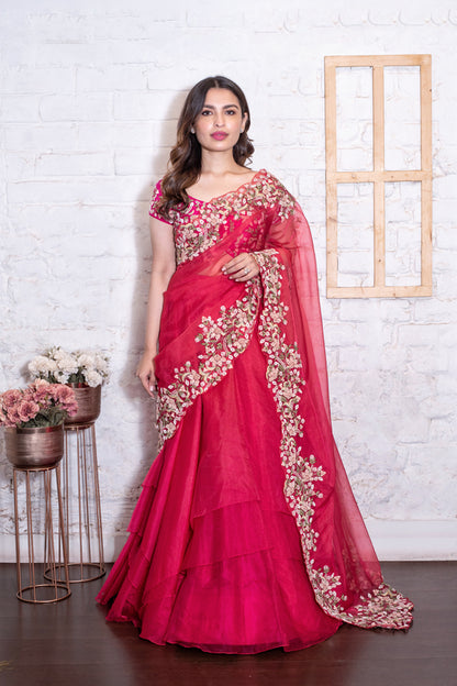 Fuchsia Pink Asymmetrical Lehenga Set