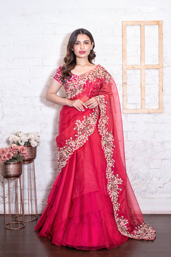 Fuchsia Pink Asymmetrical Lehenga Set