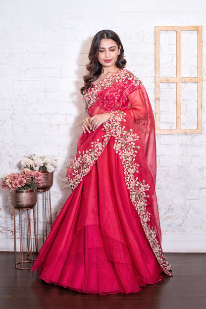 Fuchsia Pink Asymmetrical Lehenga Set