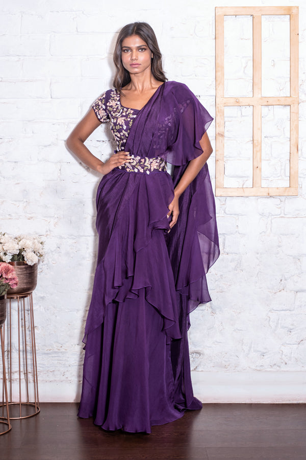 Purple Ruffled Drape Sari Set