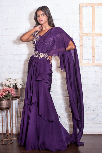 Purple Ruffled Drape Sari Set