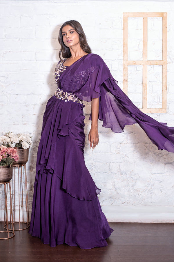 Purple Ruffled Drape Sari Set