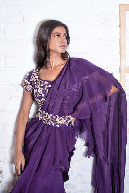 Purple Ruffled Drape Sari Set