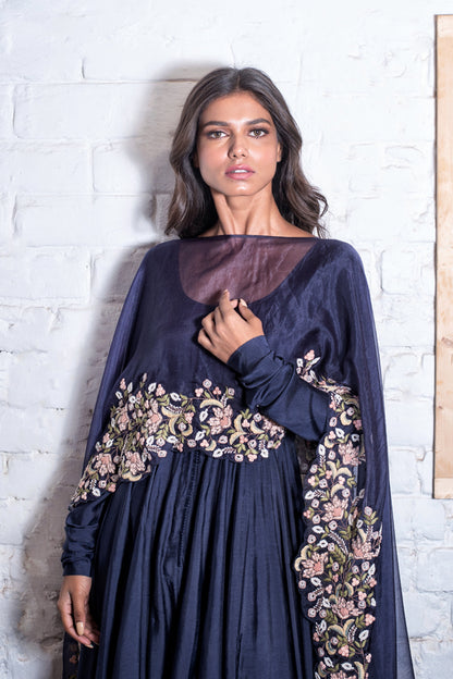 Navy Blue Anarkali & Cape Dupatta Set