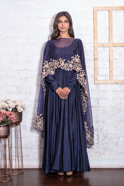 Navy Blue Anarkali & Cape Dupatta Set