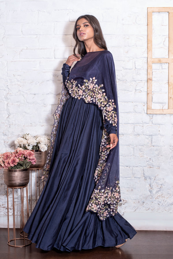 Navy Blue Anarkali Cape Dupatta Set - Main Image