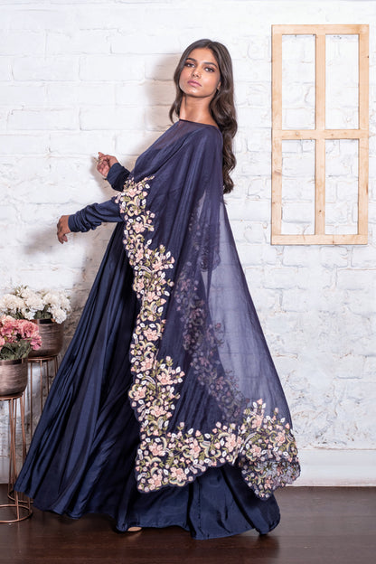 Navy Blue Anarkali & Cape Dupatta Set