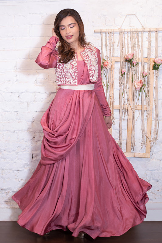 Rose Pink Draped Anarkali Jacket & Belt Set