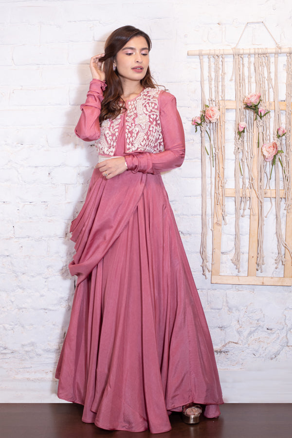 Rose Pink Draped Anarkali Jacket & Belt Set