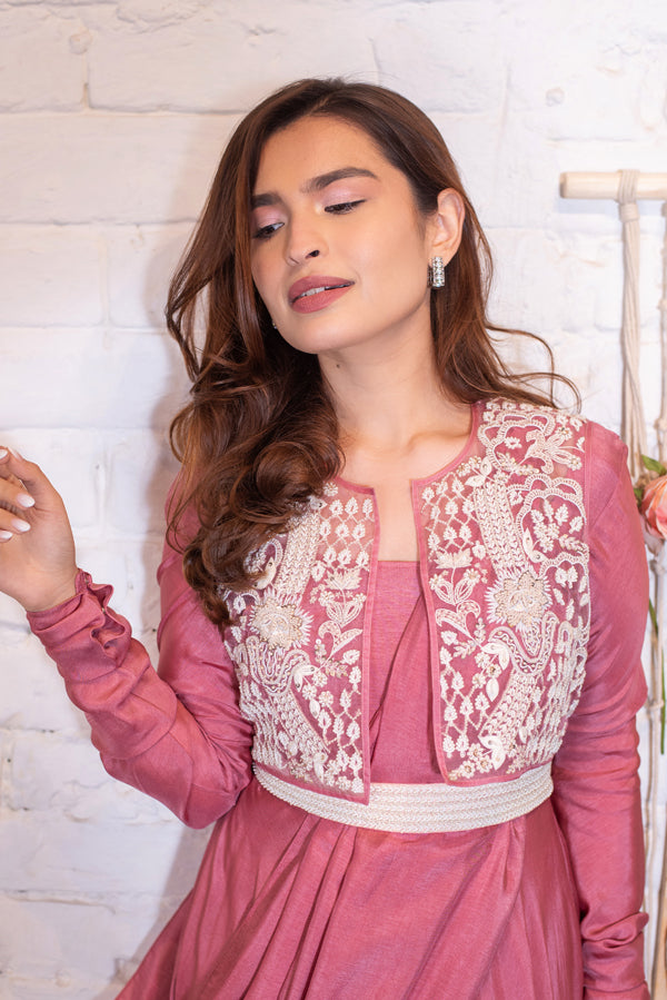 Rose Pink Draped Anarkali Jacket & Belt Set